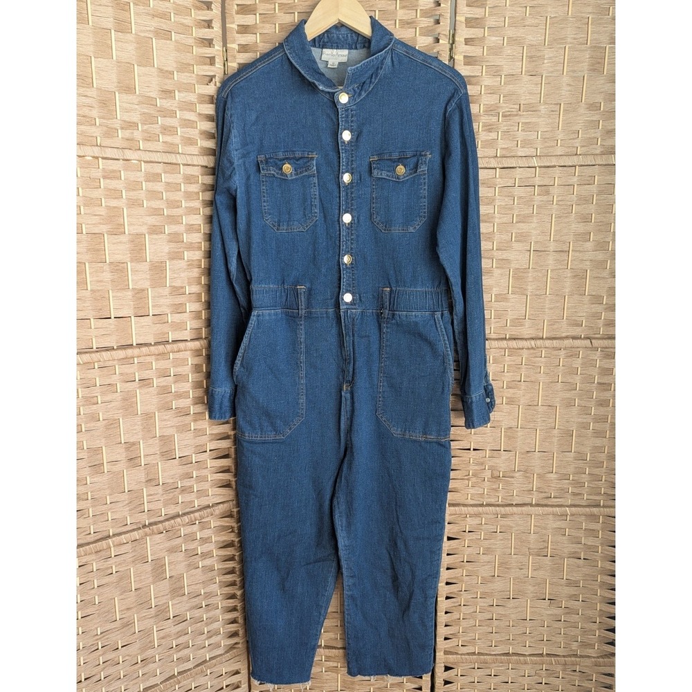 Y2K Premier Amour Blue Denim Utility Jumpsuit Boiler Suit Raw Hem Cropped Sz 12